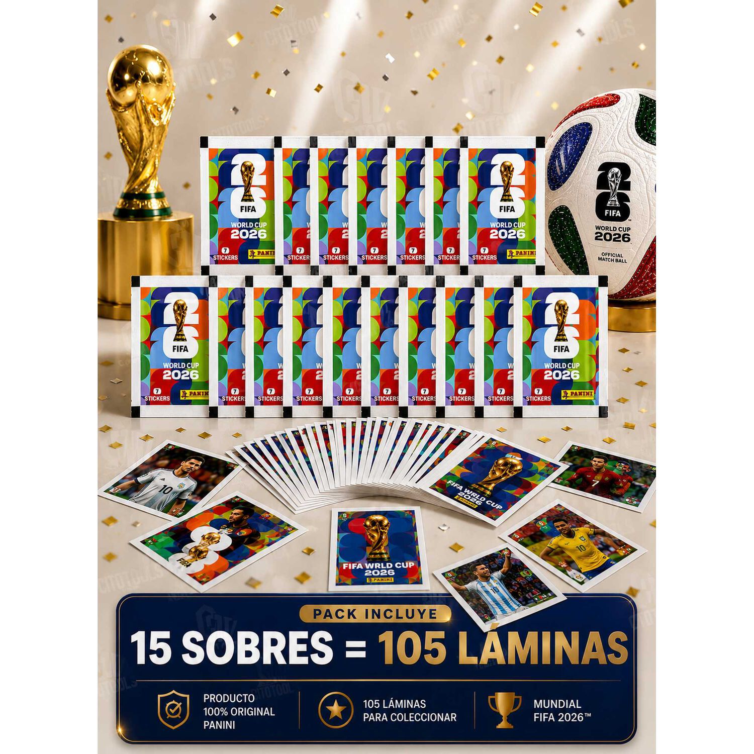 Pack 15 Sobres Panini Mundial 2026 105 L&aacute;minas Originales image number 3.0