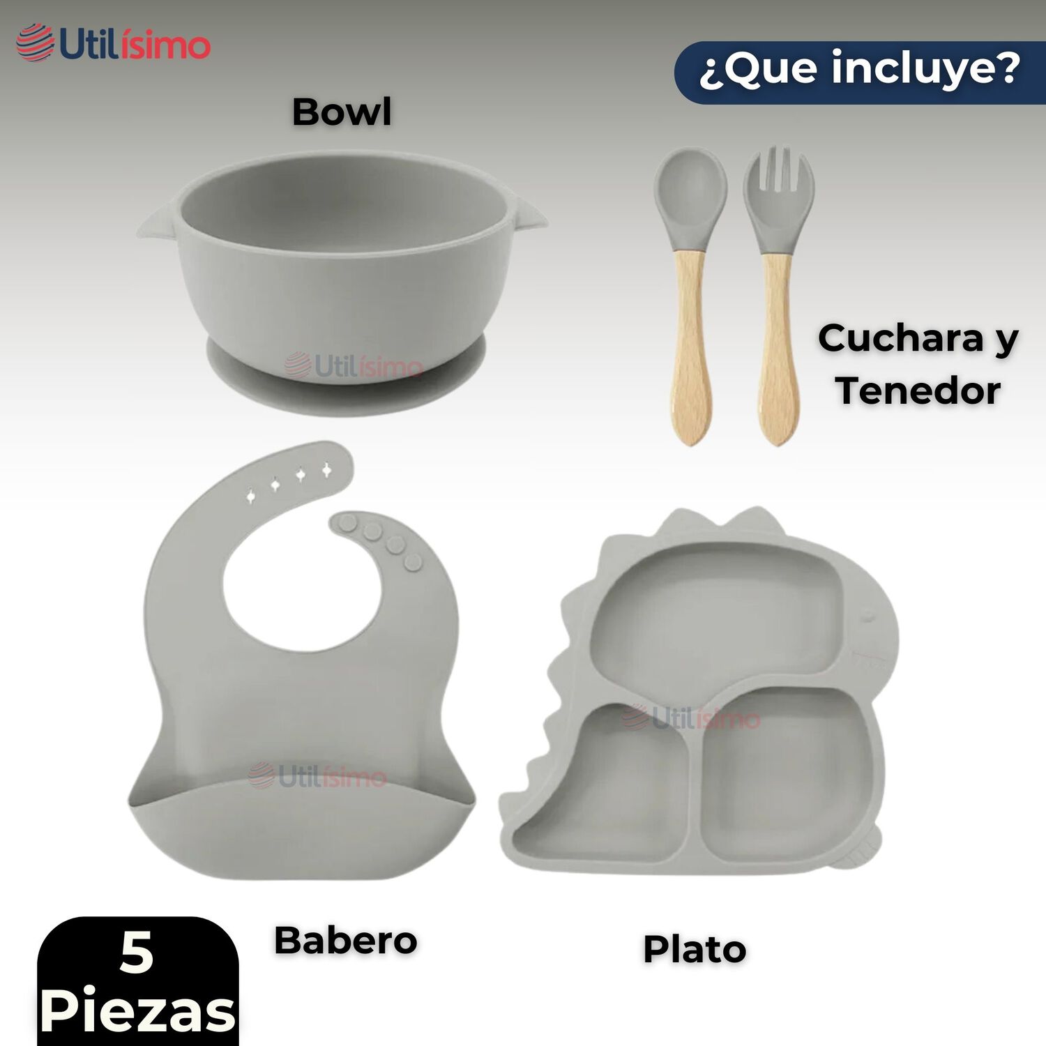 Set Alimentaci&oacute;n Silicona Beb&eacute; 5 Piezaslibrebpa Color Gris image number 4.0