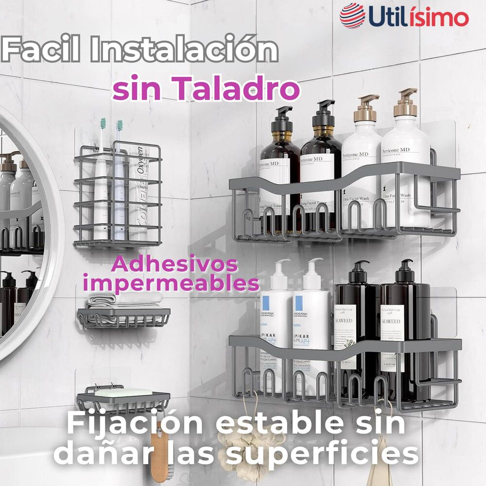 Set Organizador De Ducha 5 Piezas Acero Inoxidable Instalación Adhesiva image number 4.0