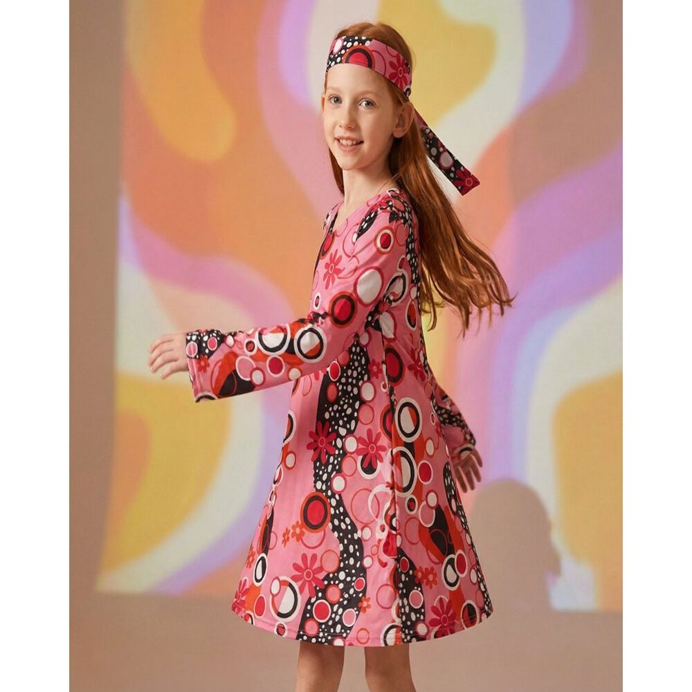 Disfraz Hippie Ni&ntilde;a A&ntilde;os Sesenta Con Vestido Psicod&eacute;lico Para Carnaval, Halloween, Fiesta Tem&aacute;tica Y Teatro image number 8.0