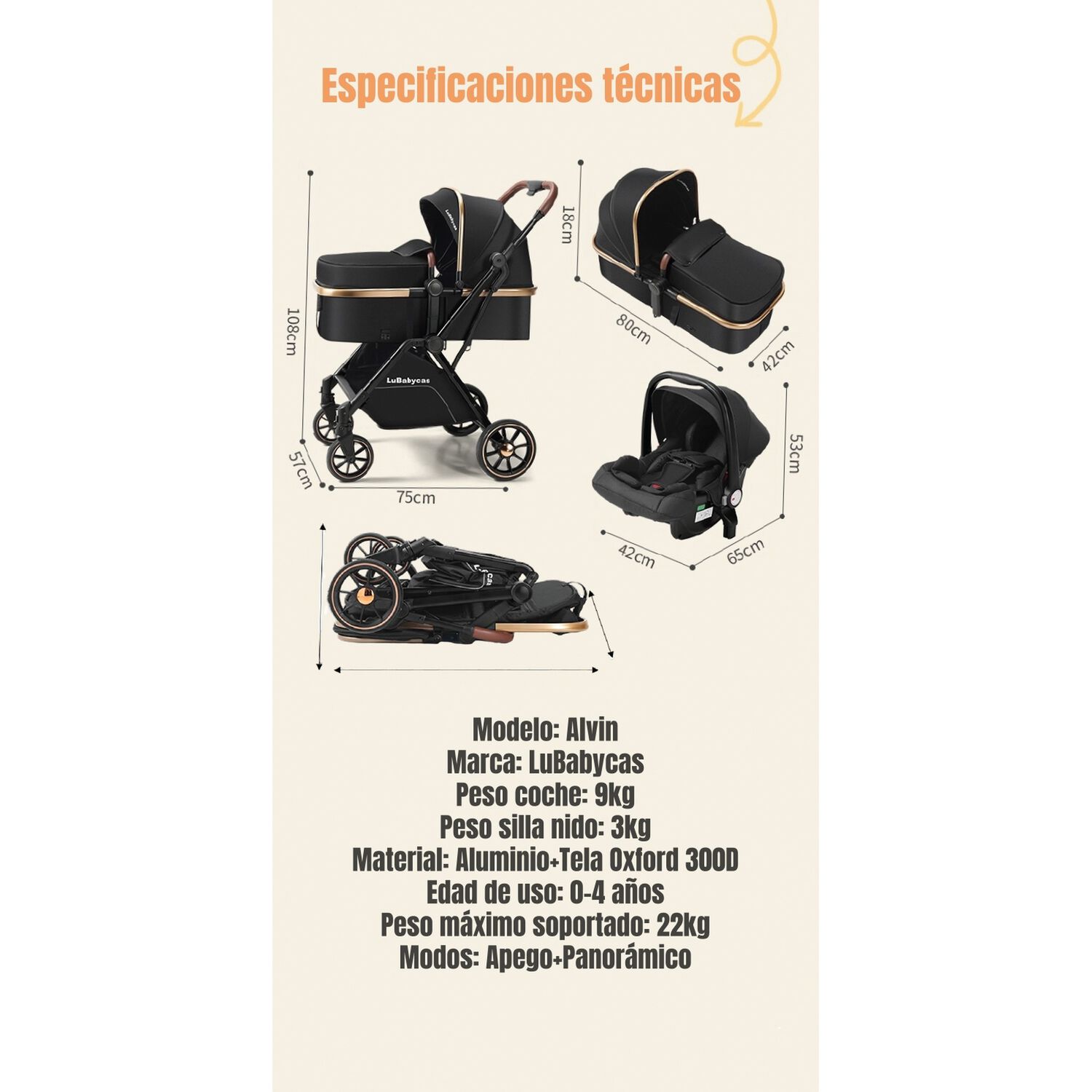 Coche Travel System 0-4 A&ntilde;os Aluminio Alvin Negro Lubabycas image number 15.0