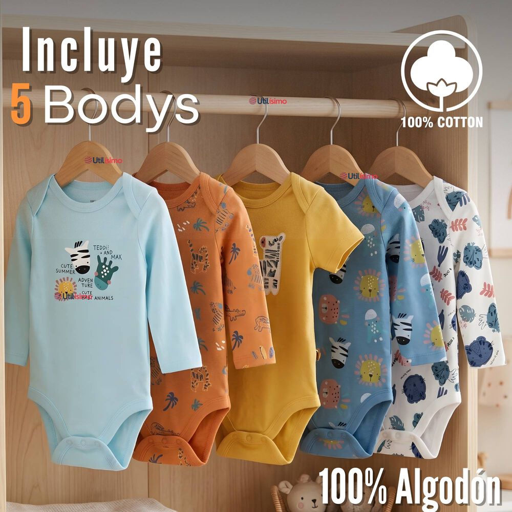 Pack 5 Bodys Manga Larga 100% Algod&oacute;n Beb&eacute; Ni&ntilde;o Friendly Safari image number 1.0