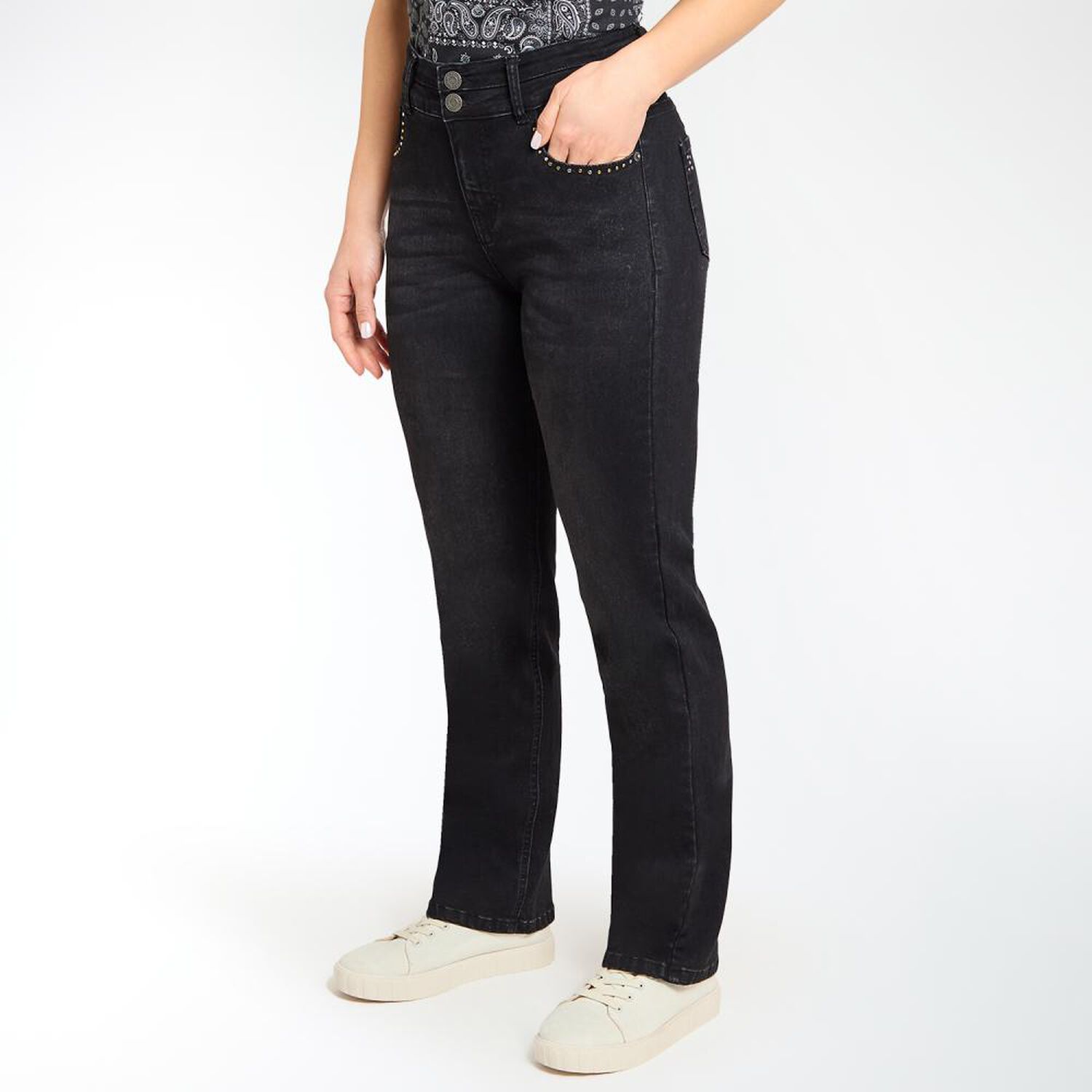 Jeans Brillos Tiro Alto Flare Mujer Geeps image number 2.0