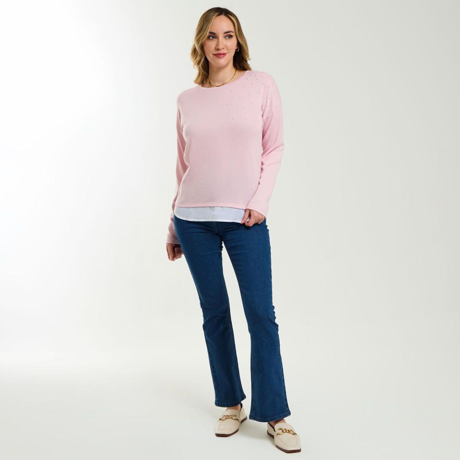 Sweater Liso Aplicaci&oacute;n Strass Manga Larga Cuello Redondo Mujer Geeps image number 1.0