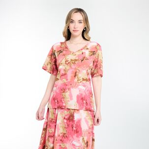 Blusa Doble Tela Print Frontal Manga Corta Con Amarras Cuello V Mujer Lesage