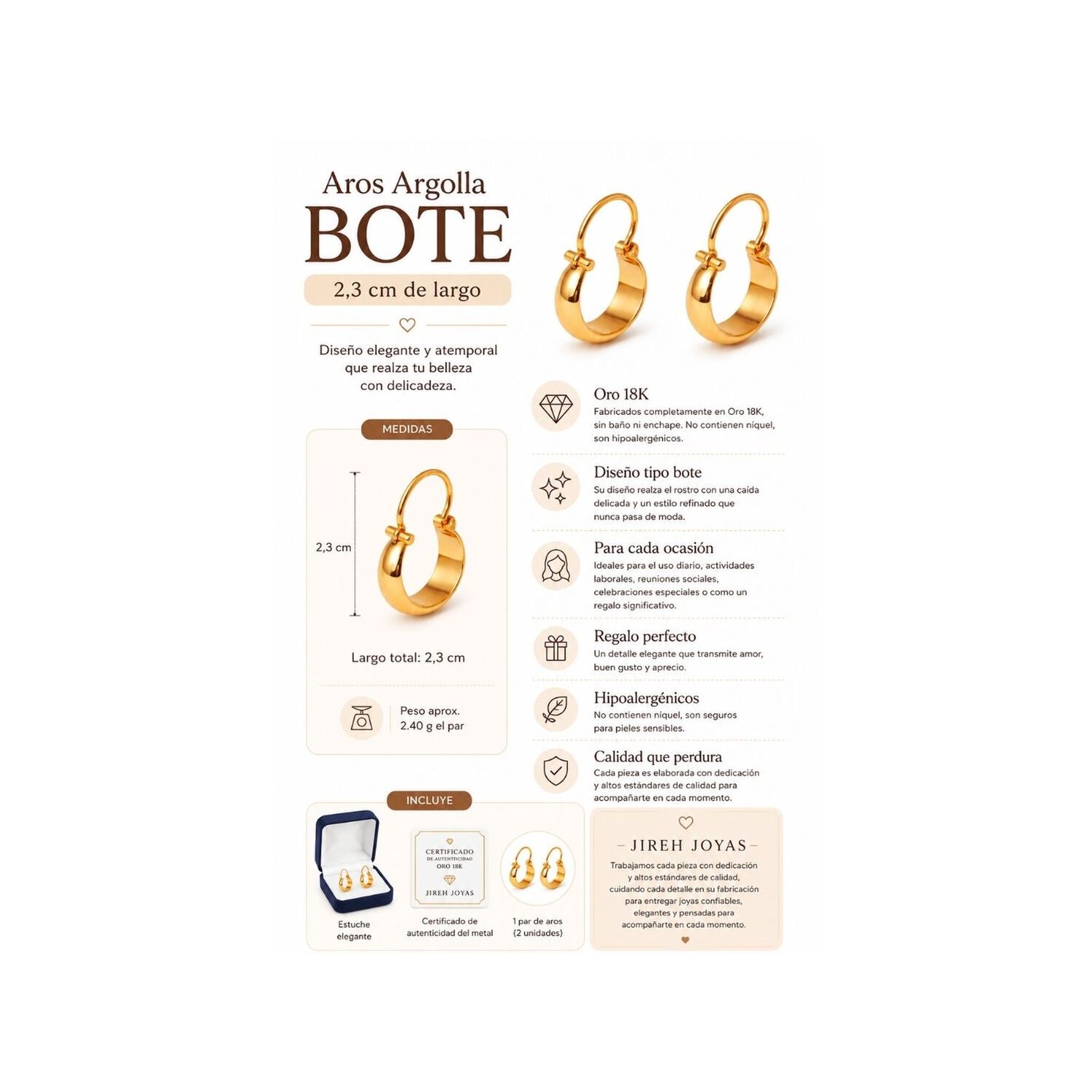 Aros Argolla Bote 2,3cm Largo N3 Oro 18k 2.40gr Mujer Regalo Dorado image number 6.0