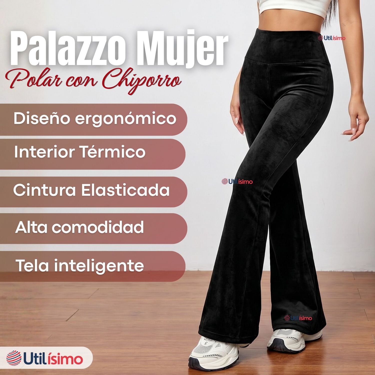 Pantal&oacute;n Cotel&eacute; Palazzo Polar Con Chiporro Elasticado T&eacute;rmico Negro image number 2.0