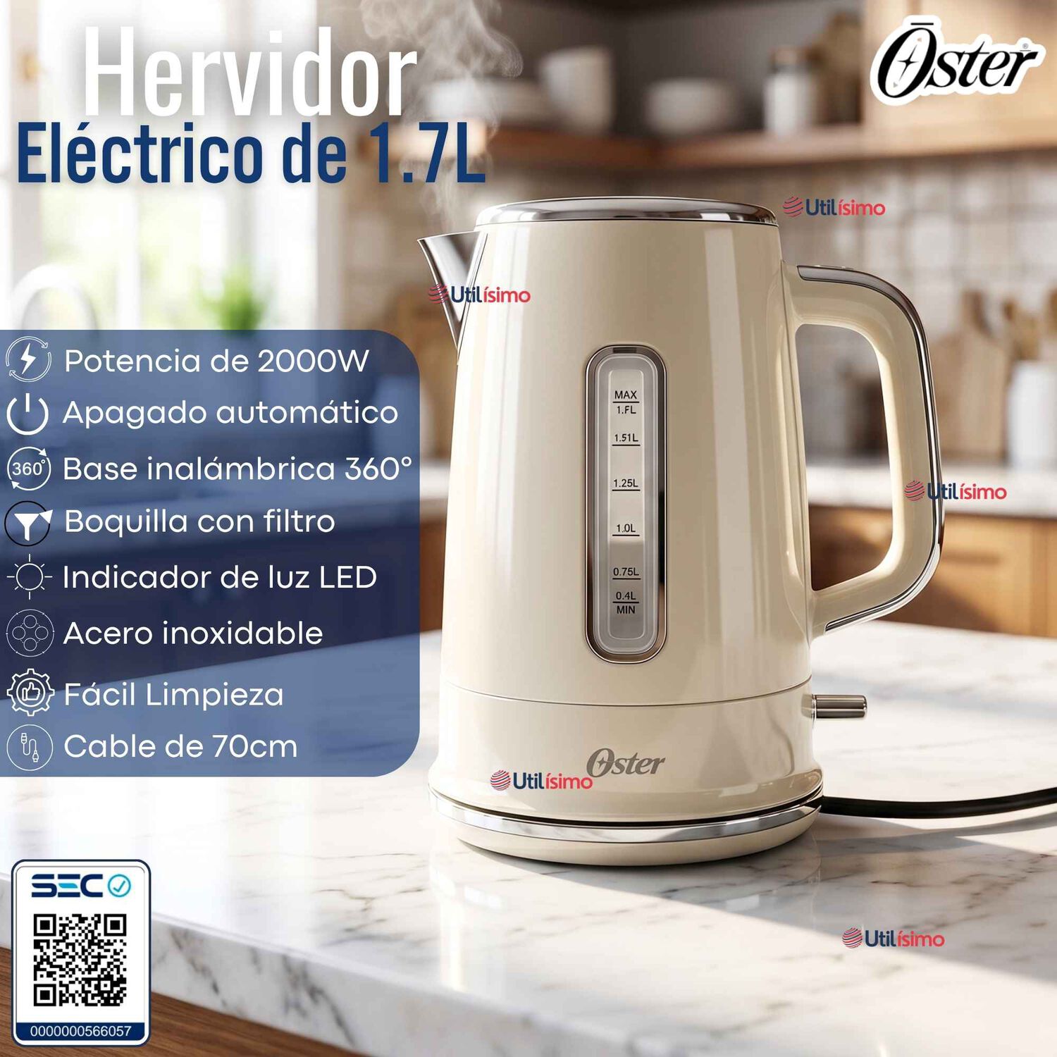 Hervidor El&eacute;ctrico Oster De 1.7 Litros Para T&eacute; Caf&eacute; E Infusiones Bvstkt8107om-052 image number 2.0