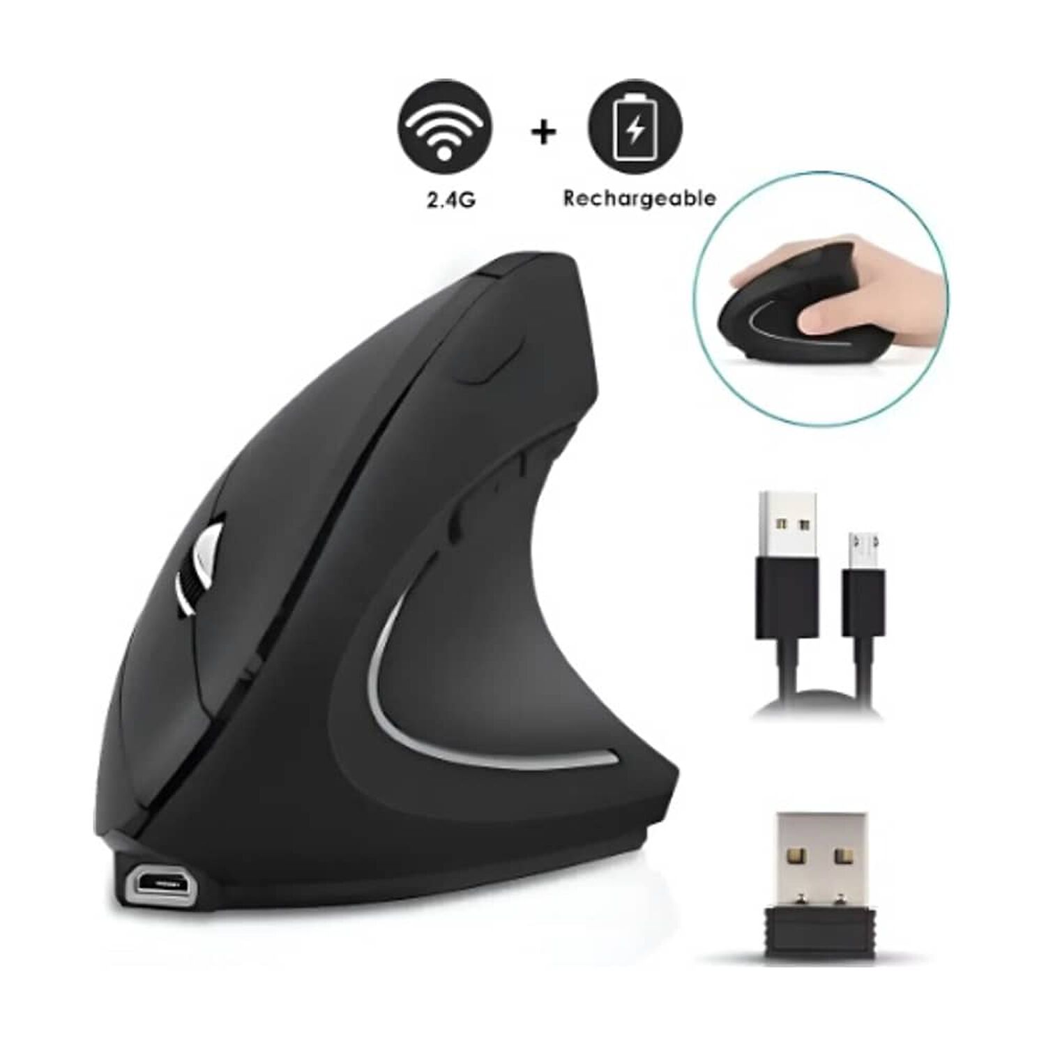 Rat&oacute;n Vertical Inal&aacute;mbrico 2.4g Recargable X Usb Ergon&oacute;mico Color Negro image number 1.0