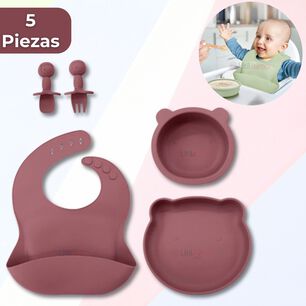 Set De Alimentaci&oacute;n Beb&eacute; Silicona 5 Piezas De Osito Libre Bpa Rosa