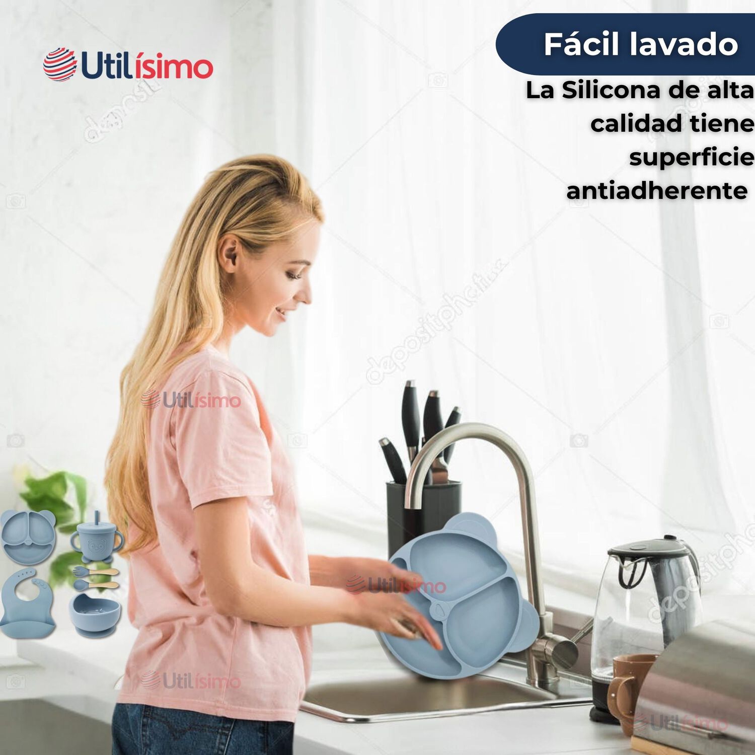 Set De Alimentaci&oacute;n Beb&eacute; Silicona De Oso 6 Piezas Libre Bpa Color Celeste image number 8.0