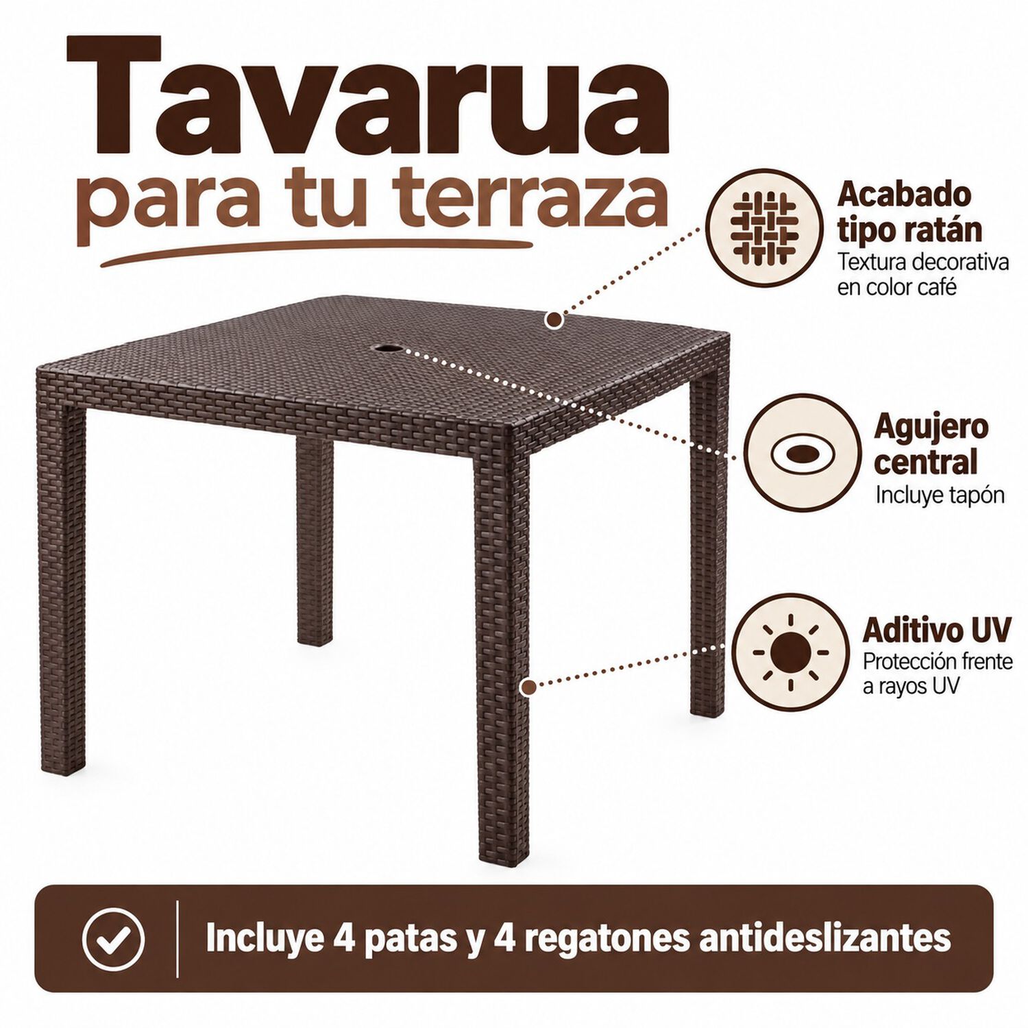 Mesa De Terraza Cuadrada Reyplast Tavarua Tipo Rat&aacute;n Con Agujero Para Sombrilla Marr&oacute;n Moro image number 1.0
