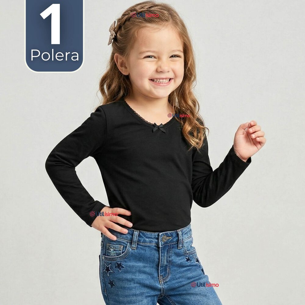 Camiseta Polera Algod&oacute;n Cuello Redondo Negra Primera Capa Manga Larga Ni&ntilde;a image number 0.0