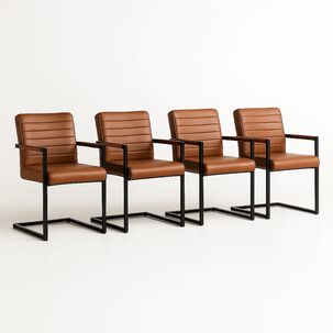Pack De 4 Sillas Industriales De Cuero Sintético Marrón Con Base Metálica Café