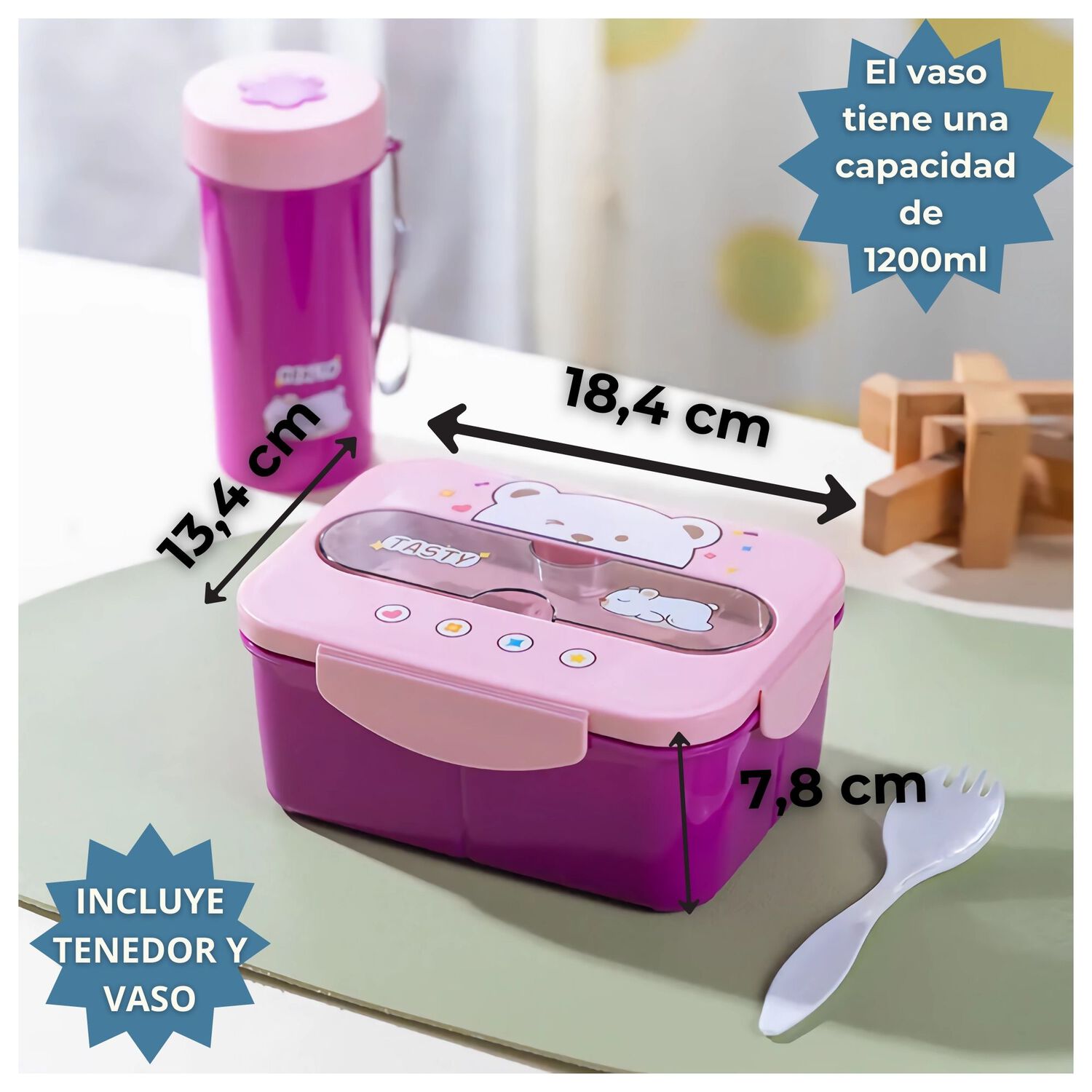 Fiambrera Contenedor Osito Tasty 1200 Ml + Cubiertos T&aacute;per Infantil Pink image number 1.0