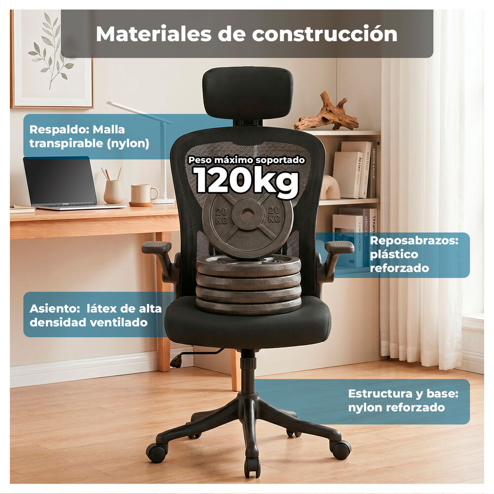 Silla Oficina Ergon&oacute;mica Reclinable Apoyacabeza image number 4.0