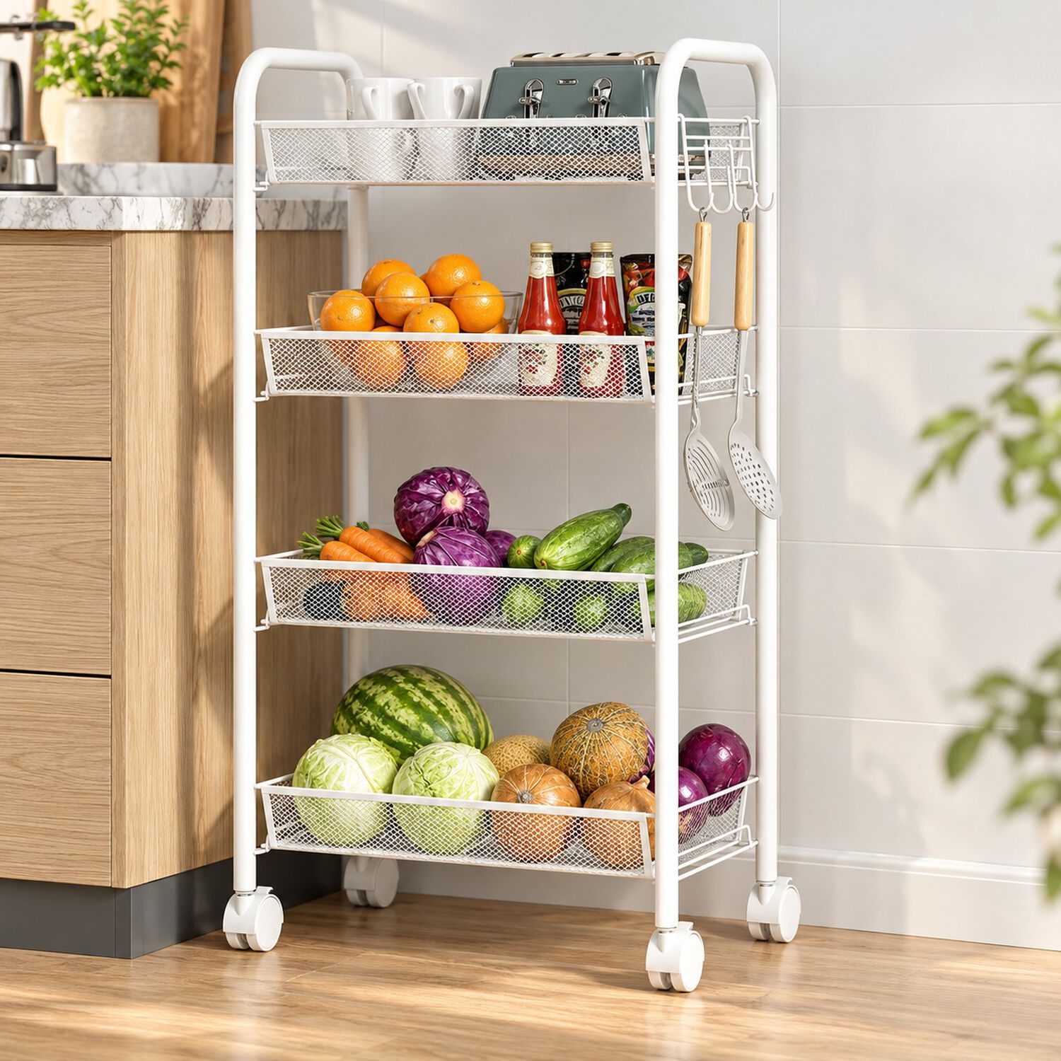 Carrito Organizador Verdulero Frutero Met&aacute;lico 4 Niveles Con Ruedas Blanco image number 3.0