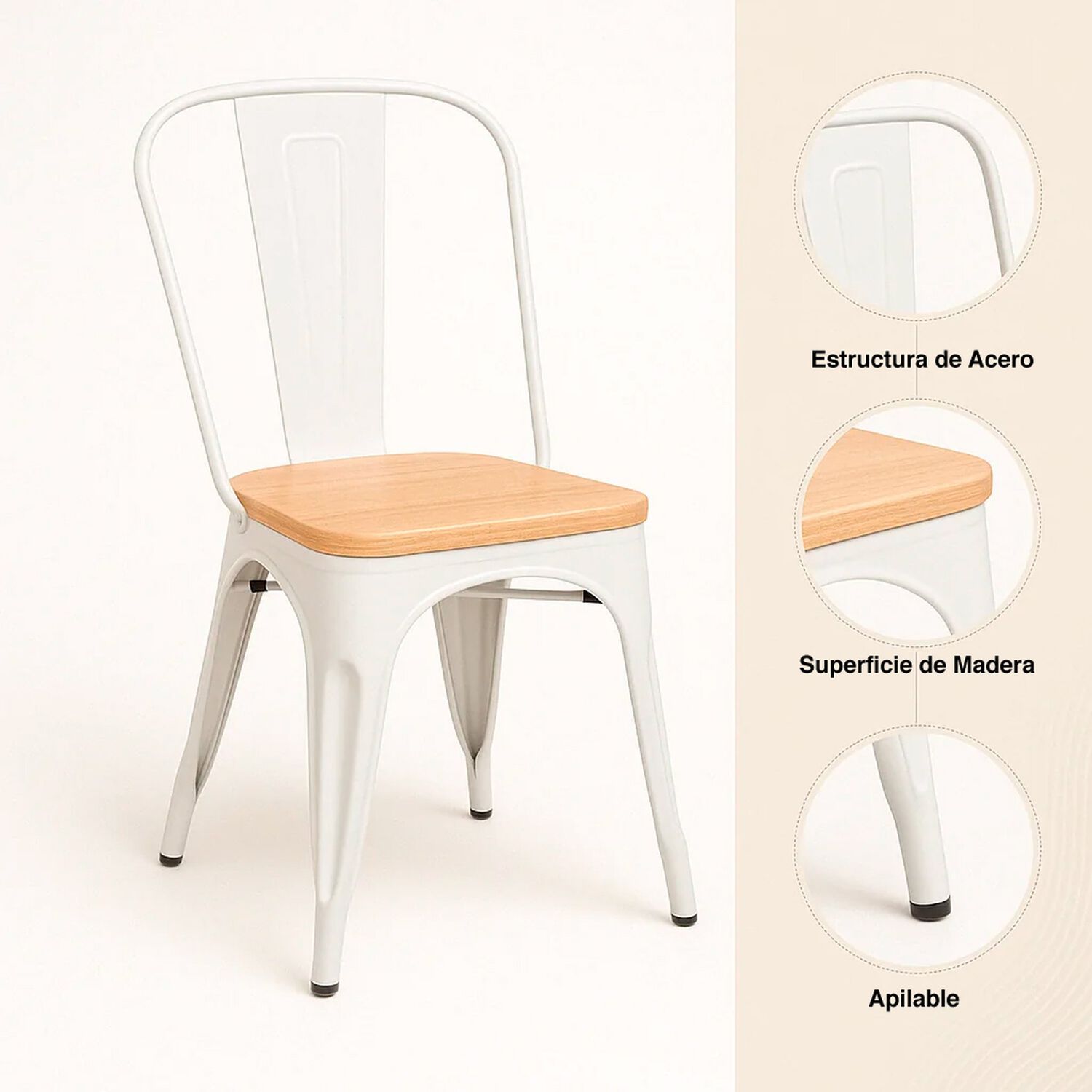 Pack De 4 Sillas Tolix Con Asiento De Madera Clara - Blanca image number 4.0