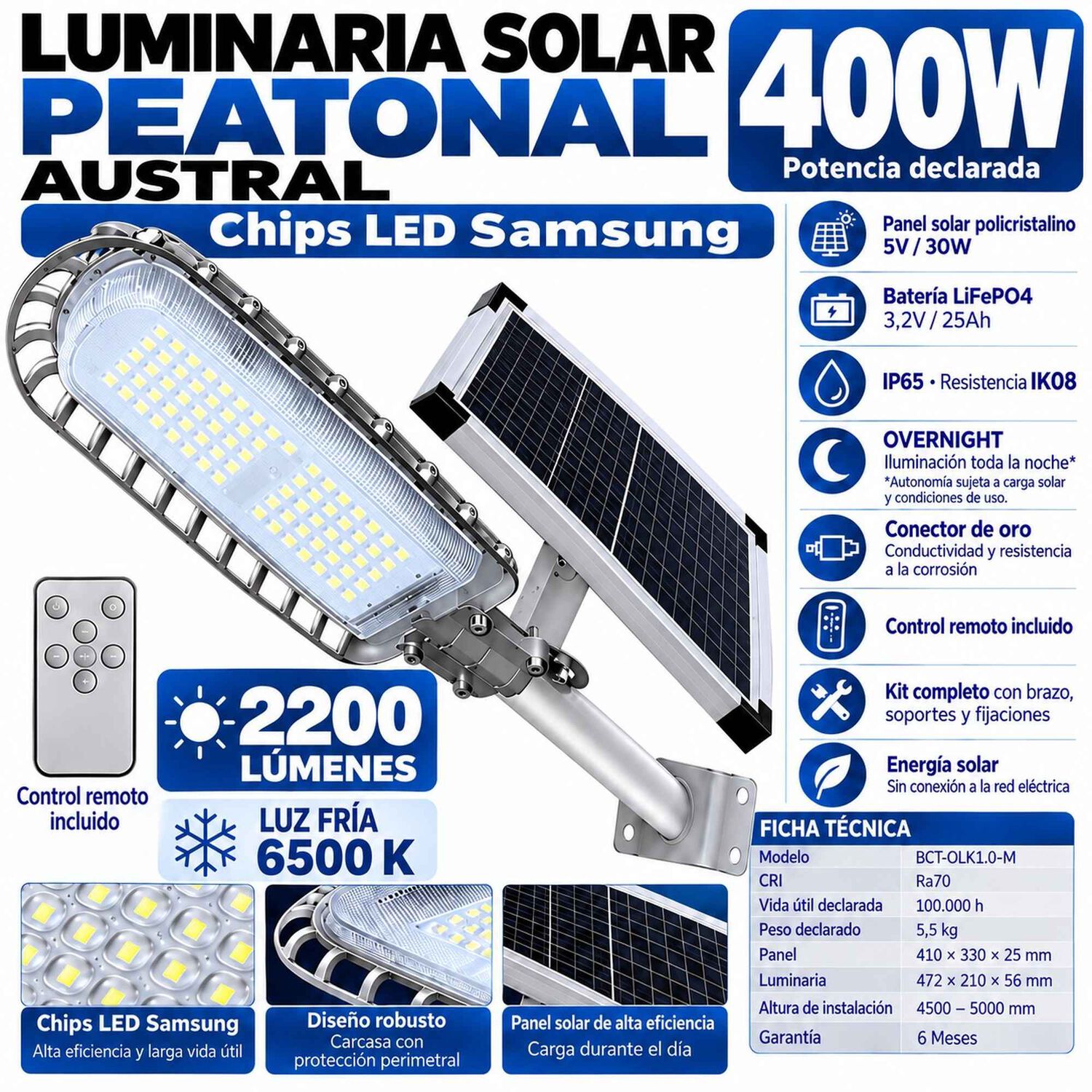 Luminaria Solar Peatonal Austral 400w Con Panel De Alta Eficiencia image number 6.0