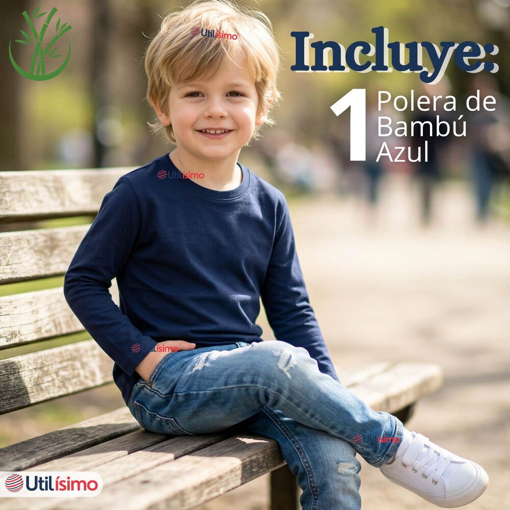 Polera Camiseta Bamb&uacute; Azul Oscuro Cuello Redondo Primera Capa Manga Larga Ni&ntilde;o image number 1.0