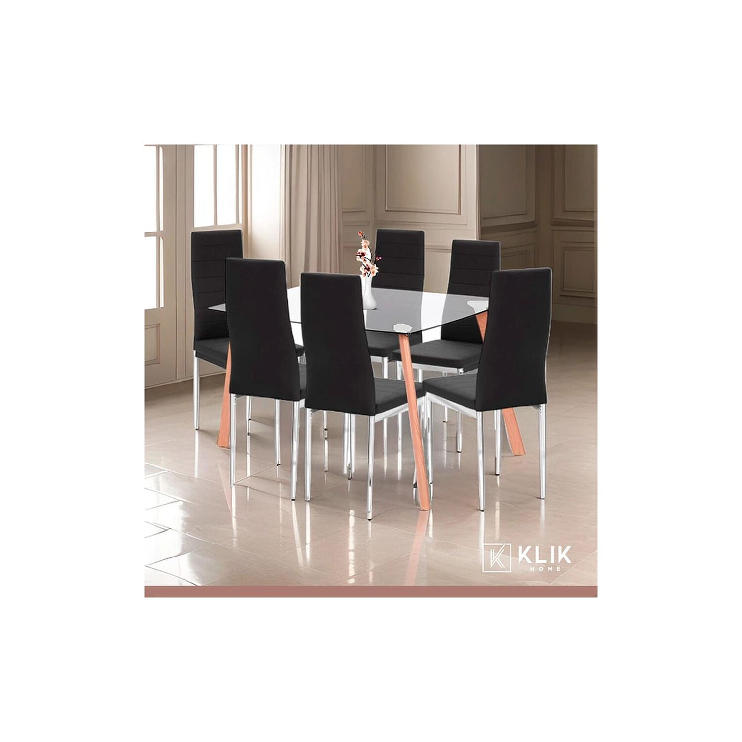 Comedor Mesa De Vidrio Rectangular 140x90cm + 6 Sillas Dining Liana Acolchadas - Negras image number 1.0
