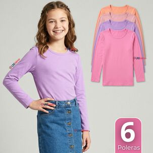 Pack 6 Camisetas Poleras Bamb&uacute; Cuello Redondo Primera Capa Manga Larga Colores Surtido Ni&ntilde;a