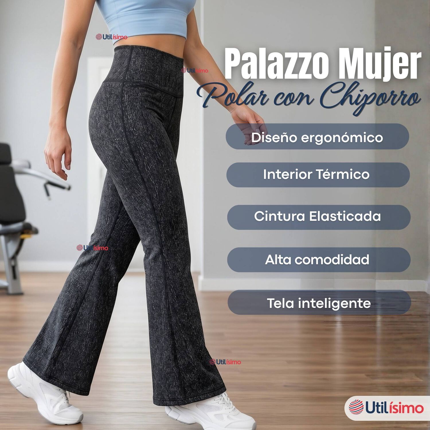 Pantal&oacute;n Polar Con Chiporro Palazzo Mujer Elasticada T&eacute;rmica Negro Jeans image number 2.0