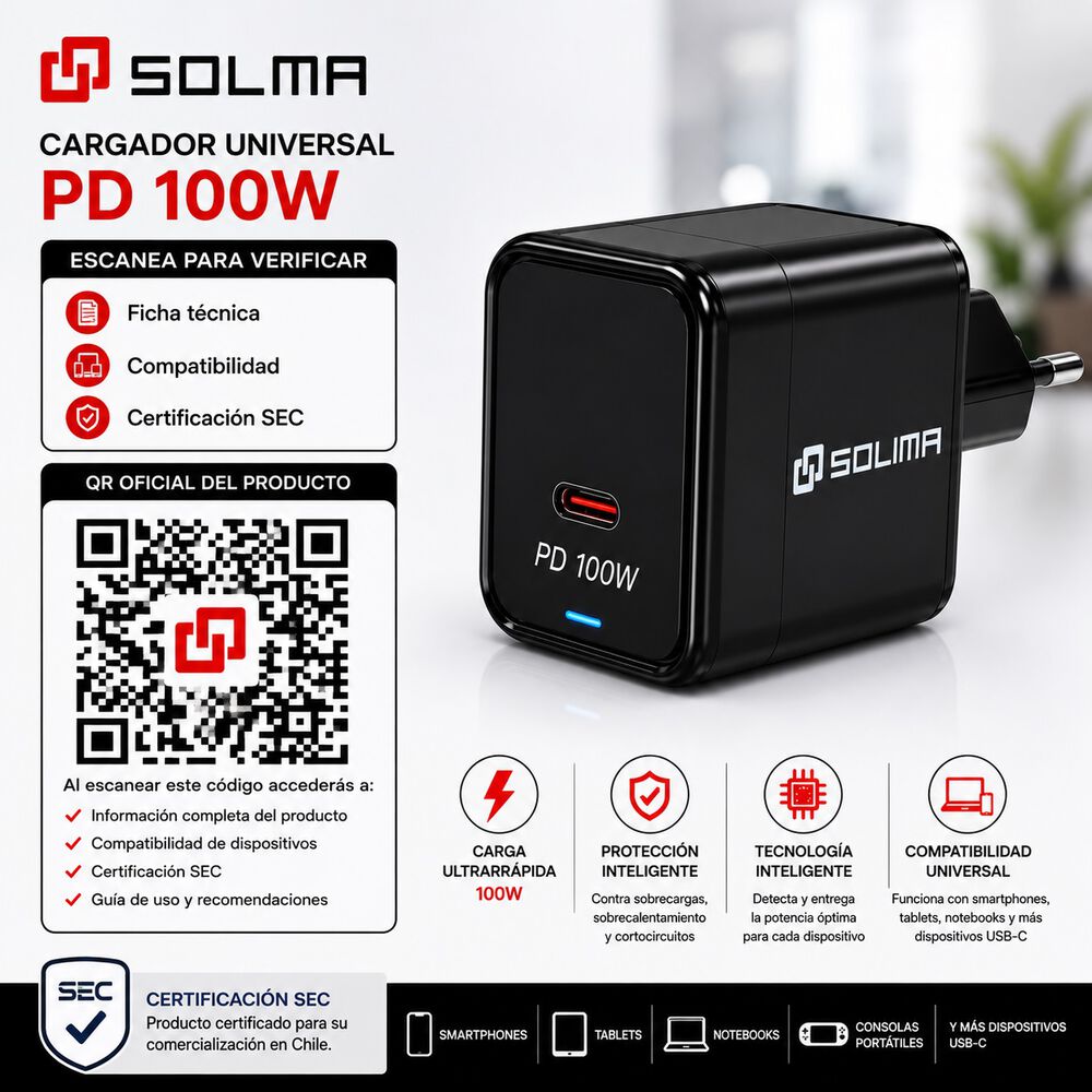 Cargador Universal Solma Pd 100w Usb-c Carga R&aacute;pida Iphone Android image number 3.0