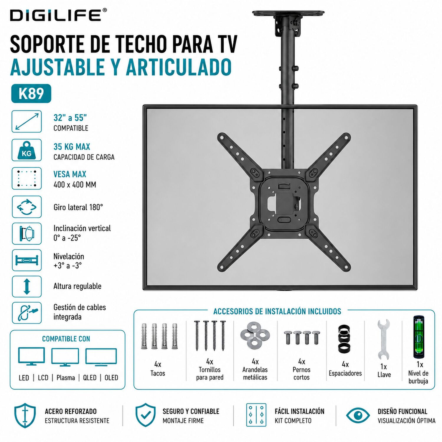 Soporte De Tv De 32" A 55" Para Techo De Acero Reforzado K89 image number 6.0