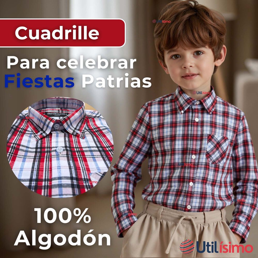 Camisa Huaso Cuadrillé Cuadro Manga Larga 100% Algodón Azul Blanco Casual image number 1.0