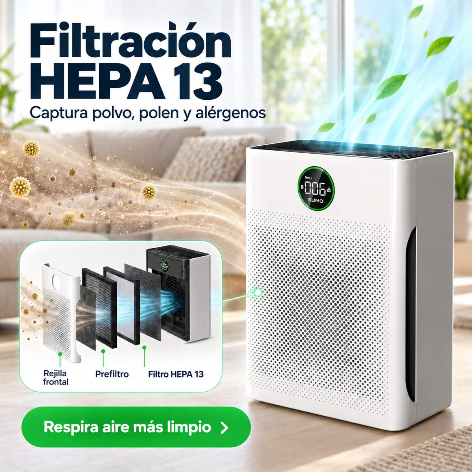 Purificador De Aire Sense Pa-1: Hepa13, Modo Pet Y Aromaterapia image number 3.0