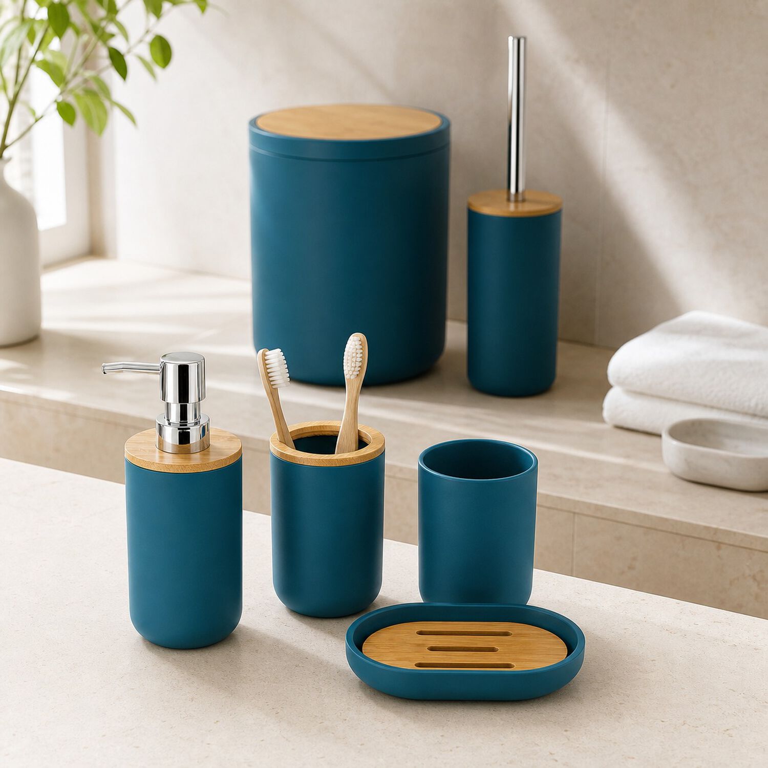 Set De Ba&ntilde;o Completo 6 Piezas De Abs Y Bambu Moderno Color Turquesa image number 4.0