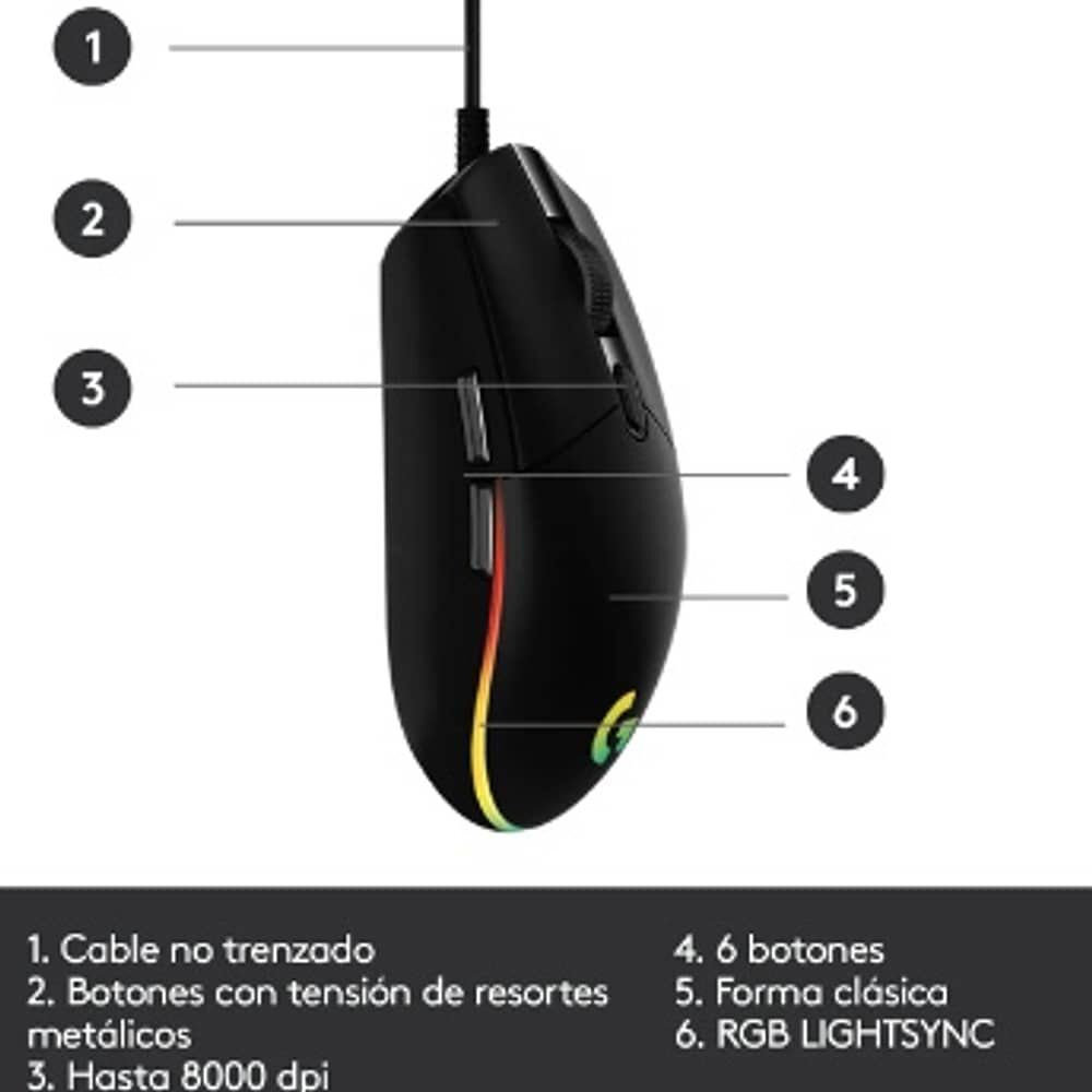 Mouse Gamer Logitech New G203 Lightsync Rgb Color Negro image number 5.0