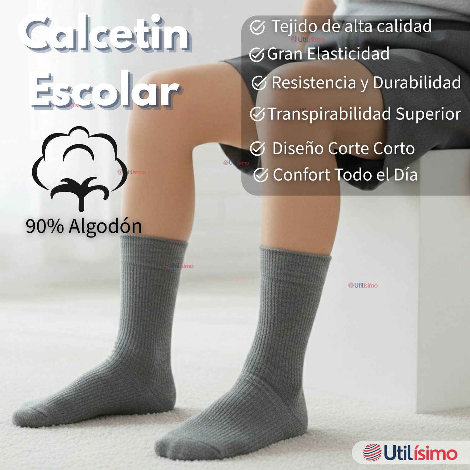 Pack 6 Calcet&iacute;nes Escolares Corto Algod&oacute;n Gris Ni&ntilde;o Juvenil image number 2.0