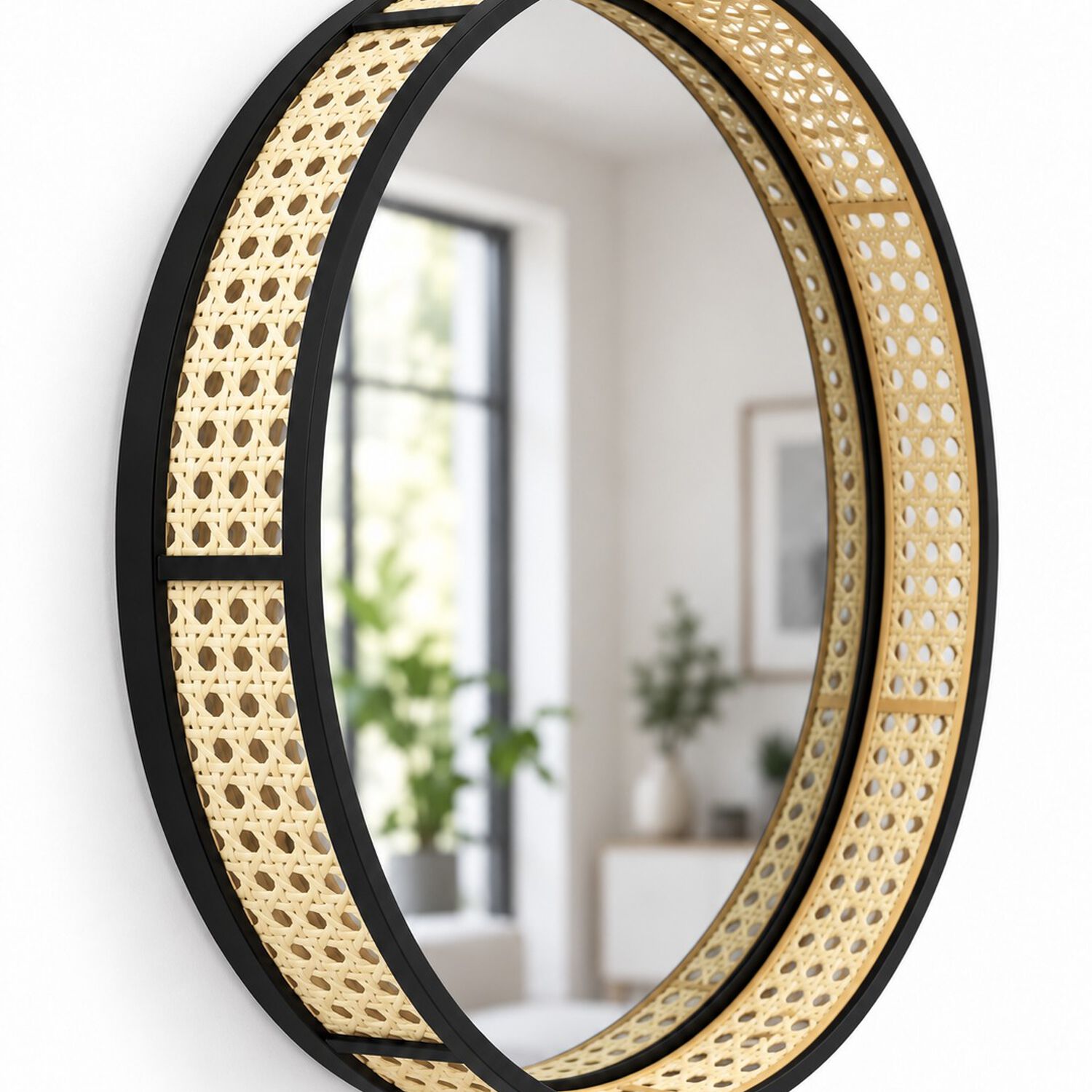 Espejo Circular De Pared Decorativo Rat&aacute;n Sint&eacute;tico Y Marco Metal Negro 45 Cm image number 2.0