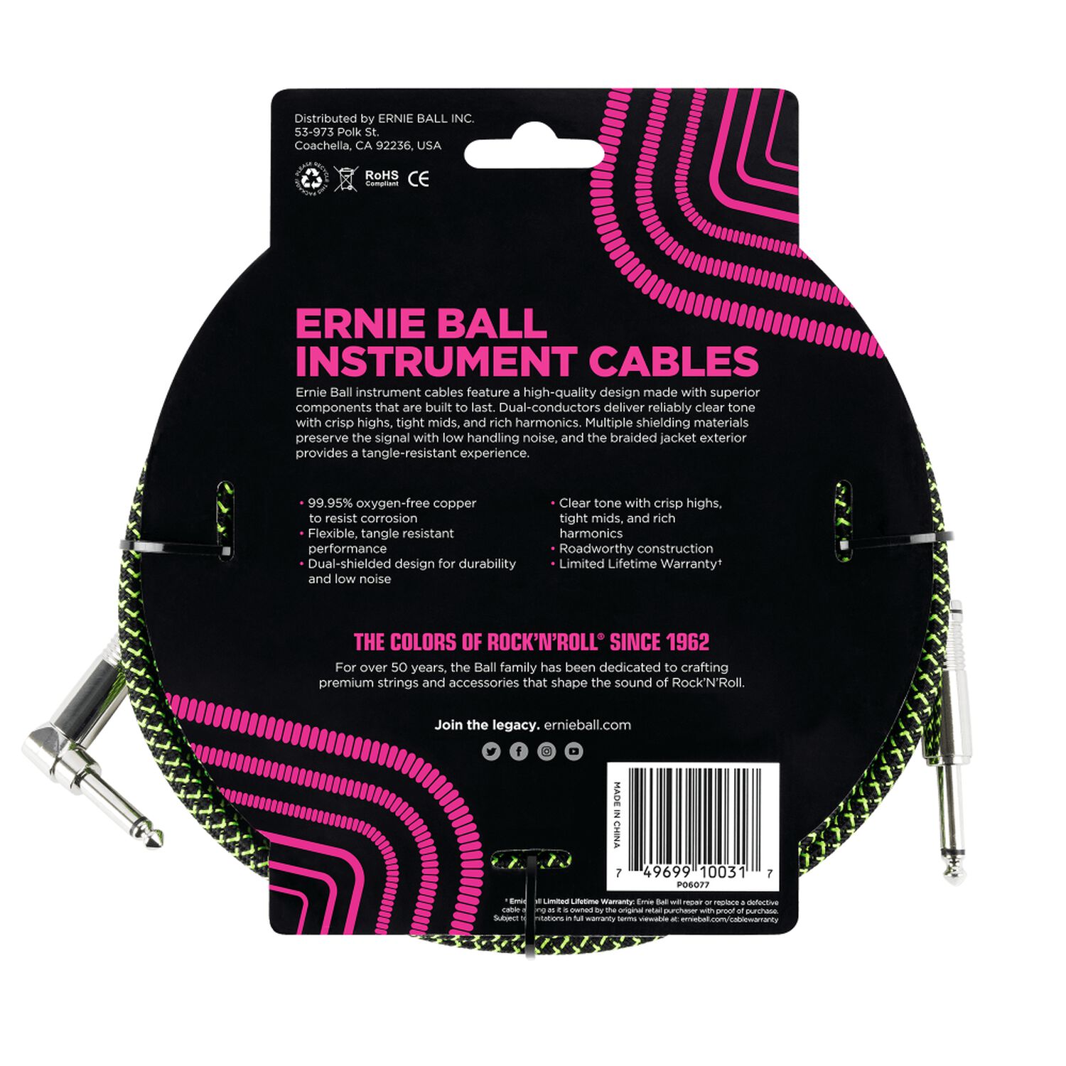 Cable De Instrumento Trenzado Verde/negro 3m Ernie Ball 6077 image number 1.0
