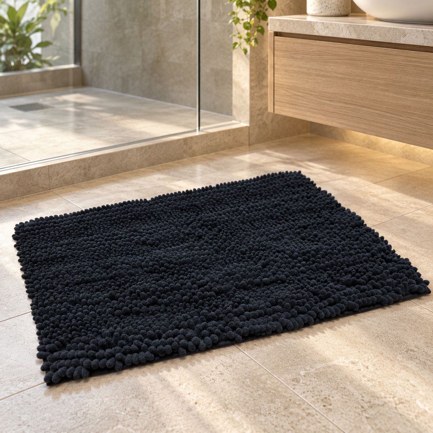 Alfombra De Ba&ntilde;o Negra De Chenille 45 70 Cm Absorbente Y Antideslizante image number 0.0