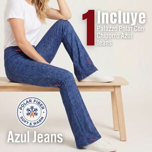 Calza Pantal&oacute;n Polar Con Chiporro Palazzo Mujer Elasticada T&eacute;rmica Azul Jeans