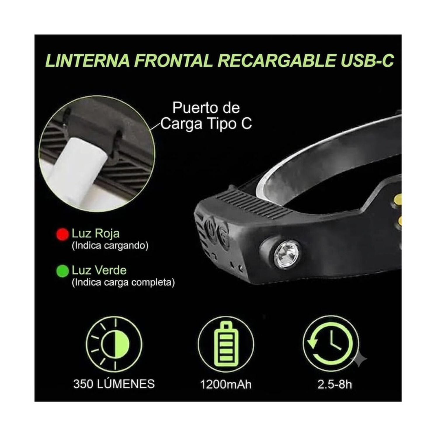 Linterna Frontal Led Recargable Usb Con Sensor De Movimiento Camping 350lm image number 3.0