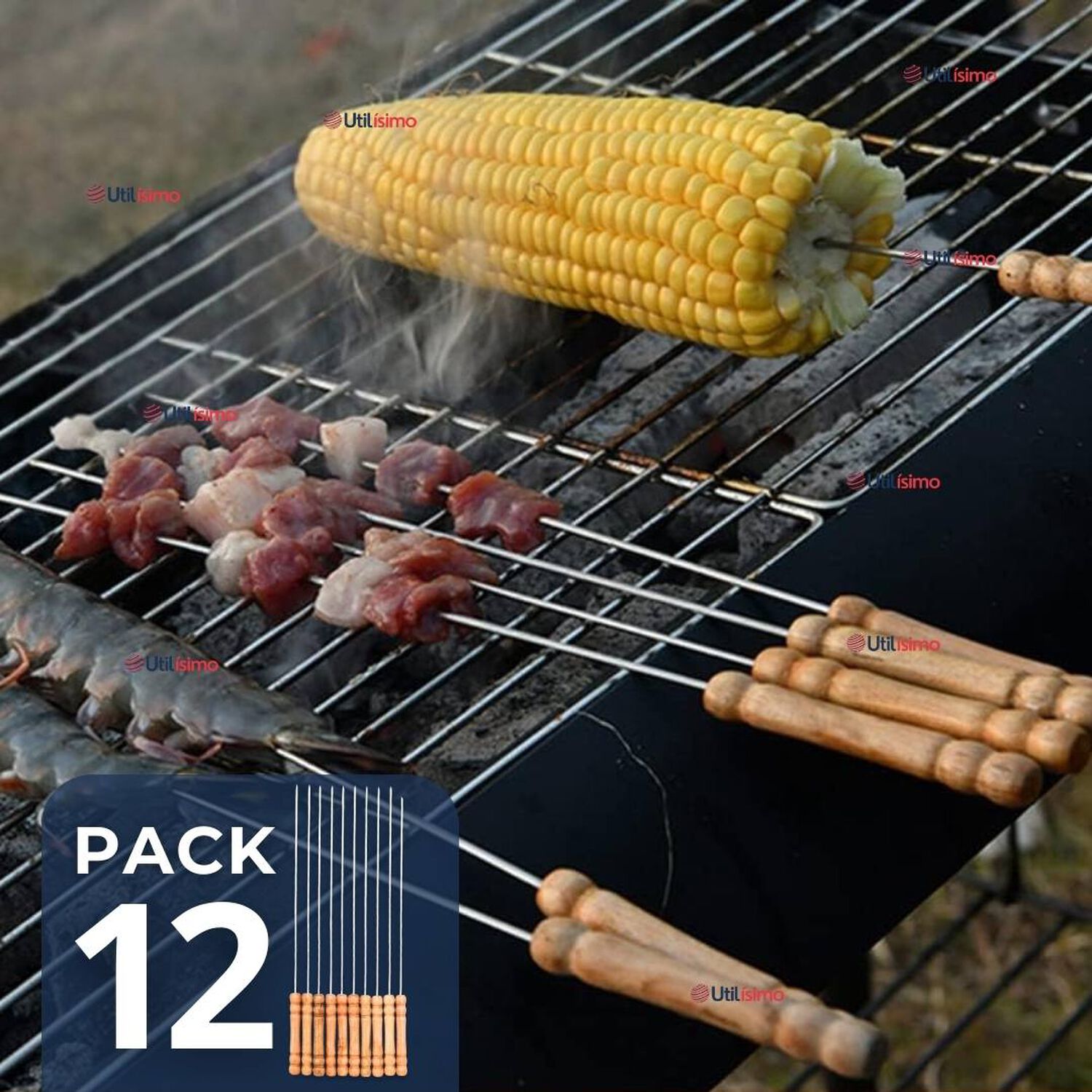 Pack 12 Pinchos De 40cm Para Anticuchos Brochetas Asados Mango De Madera image number 0.0