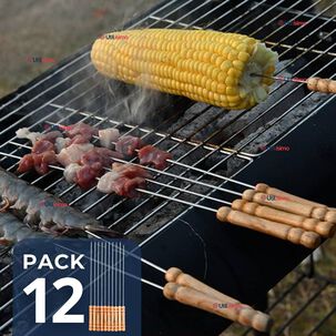 Pack 12 Pinchos De 40cm Para Anticuchos Brochetas Asados Mango De Madera