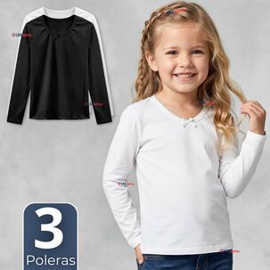 Pack 3 Camisetas Poleras Algod&oacute;n Cuello Redondo Primera Capa Manga Larga Colores Surtidos Ni&ntilde;a