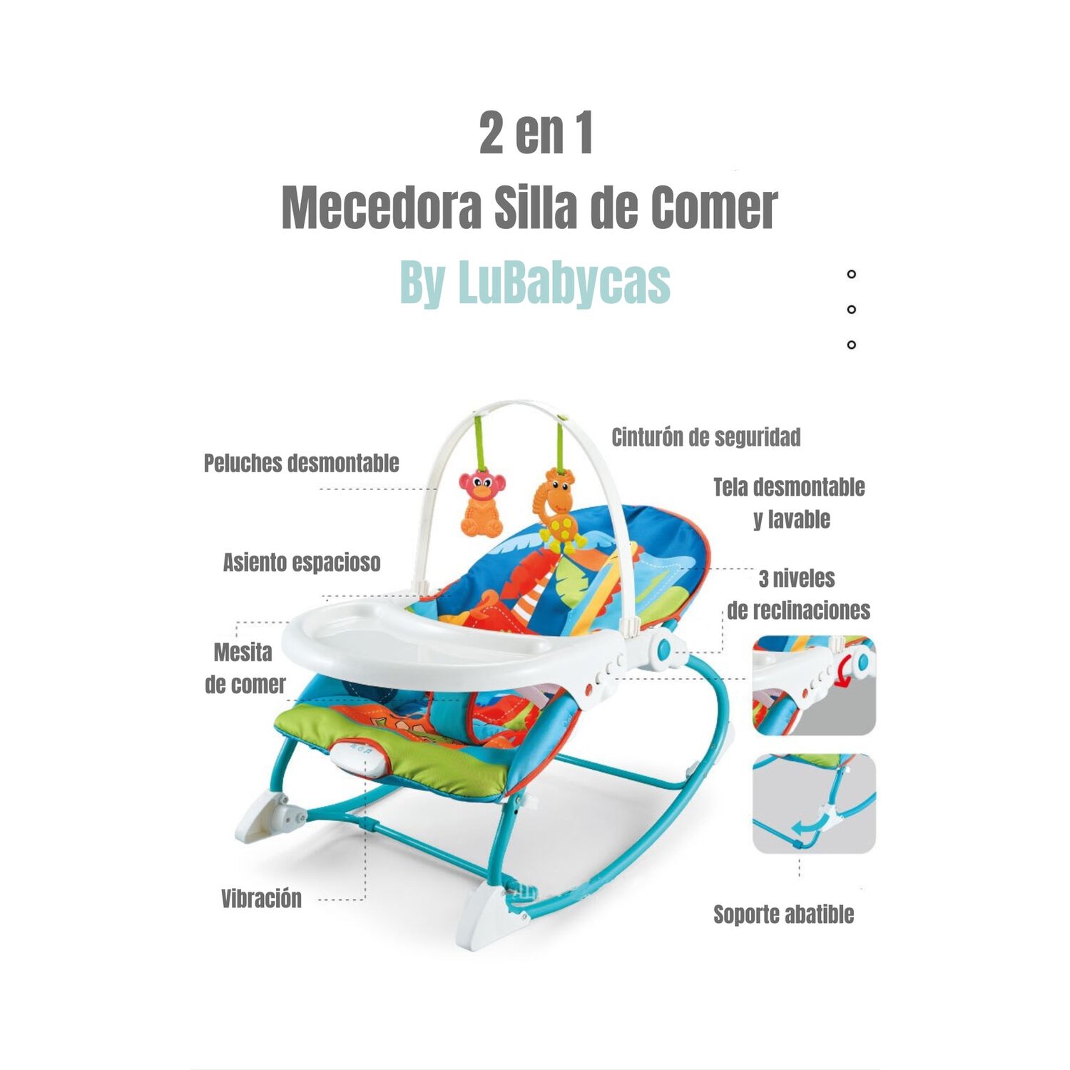 Mecedora Silla De Comer 2 En 1 Vibraci&oacute;n Azul Lubabycas image number 2.0