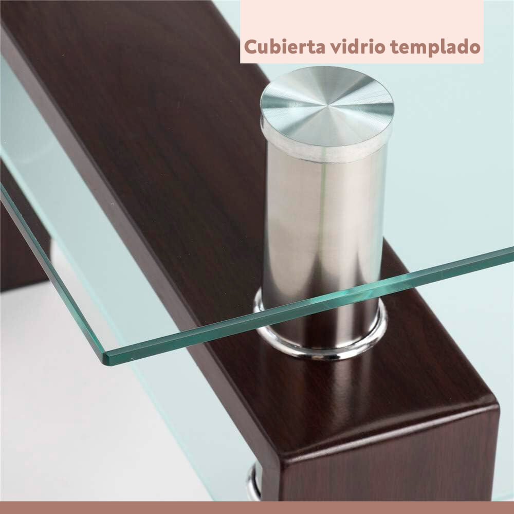 Mesa De Centro Para Living Rectangular De Vidrio Y Madera Oscura image number 4.0