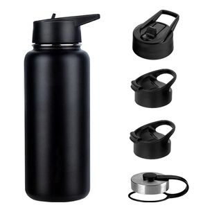 Botella Agua Acero Inoxidable 1000ml Aislada 4 Tapas Negra