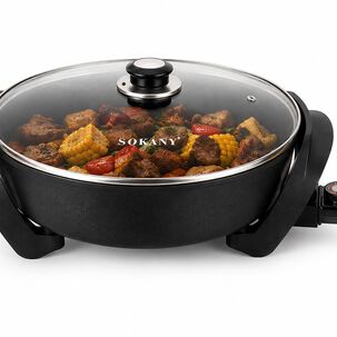 Sart&eacute;n El&eacute;ctrico Multifunci&oacute;n De Aluminio Sokany 30 Cm 1500w Antiadherente Con Tapa De Vidrio Capacidad 5 Litros Color Negro