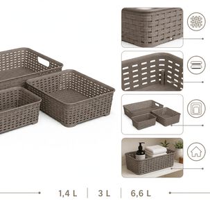 Set De 3 Canastillas Canastas Organizadores Multiusos Tavarua Reyplast Color Taupe
