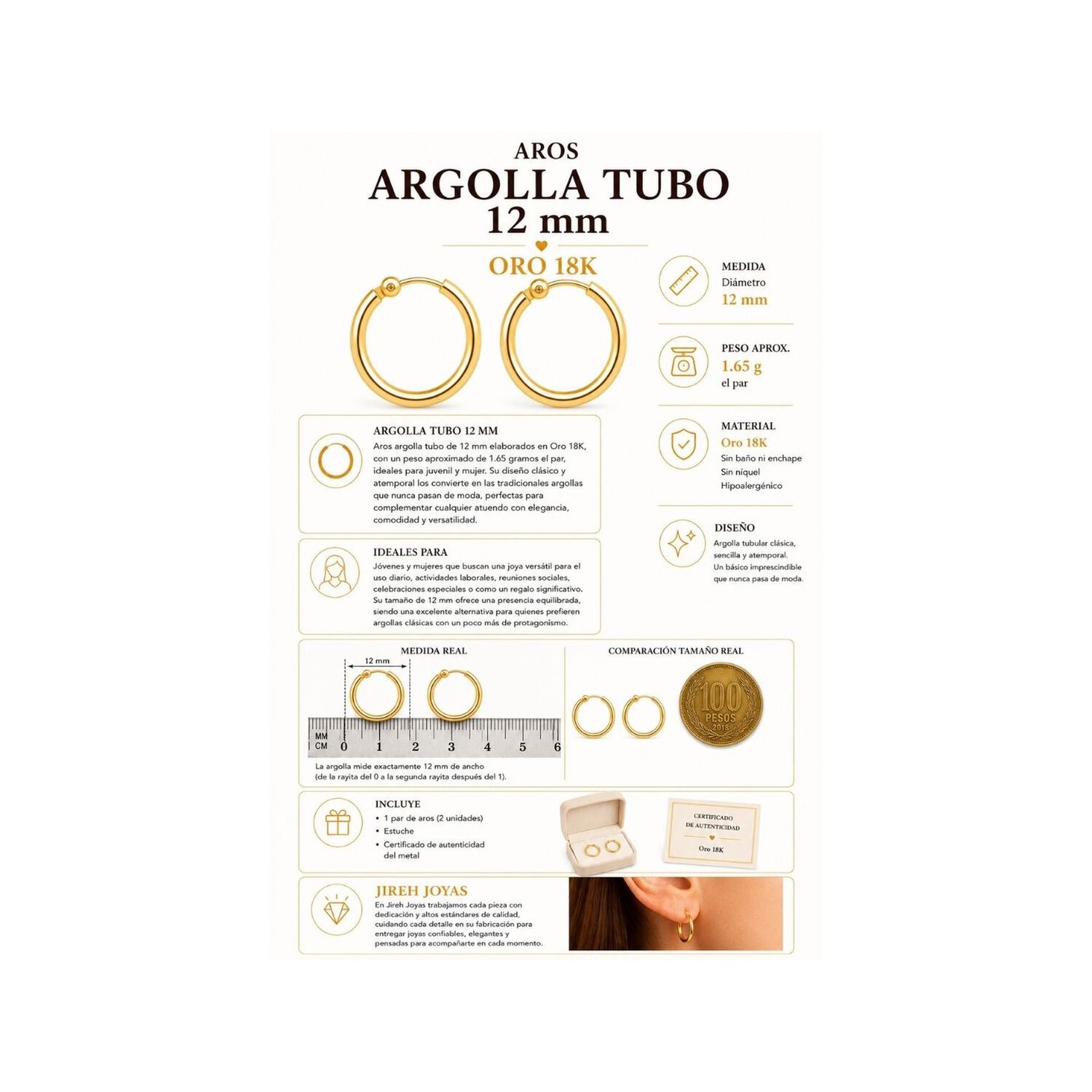 Aros Argolla Tubo 12mm Oro 18k 1.65gr Cl&aacute;sicas Regalo Mujer Dorado image number 5.0