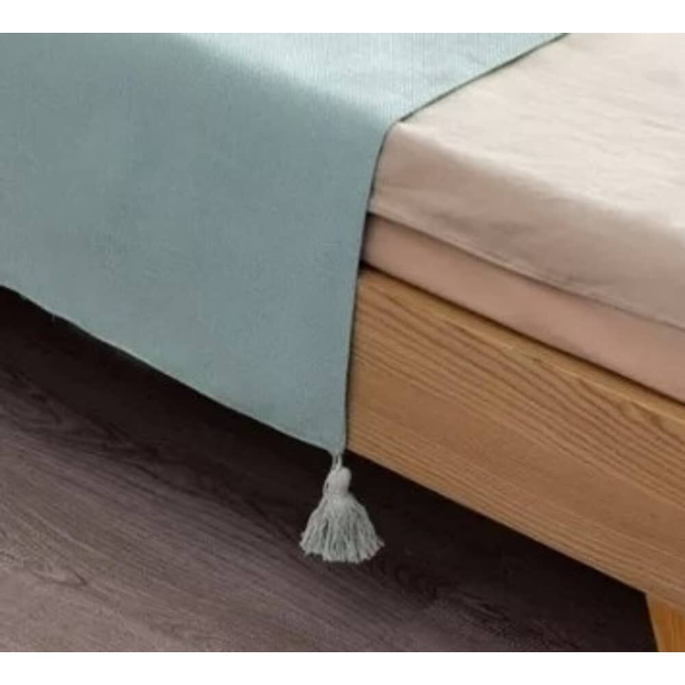 Piecera De Lino Con Pompones Medida 70x210cm King -2 Plazas. Color Aqua image number 1.0