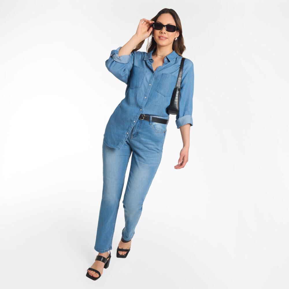 Blusa Denim Manga Larga Cuello Camisero Mujer Sexy Large image number 1.0